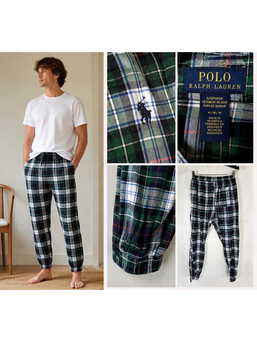 Polo Ralph Lauren Mens M Plaid Jogger Pajama Lounge Sleep Pants Pony Cotton y2k